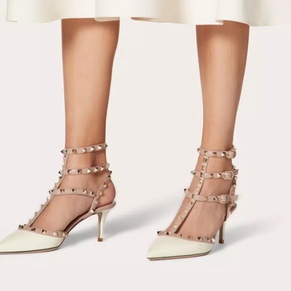 Valentino Garavani Rockstud caged pump ankle strap high heel leather shoes white - Picture 15 of 16
